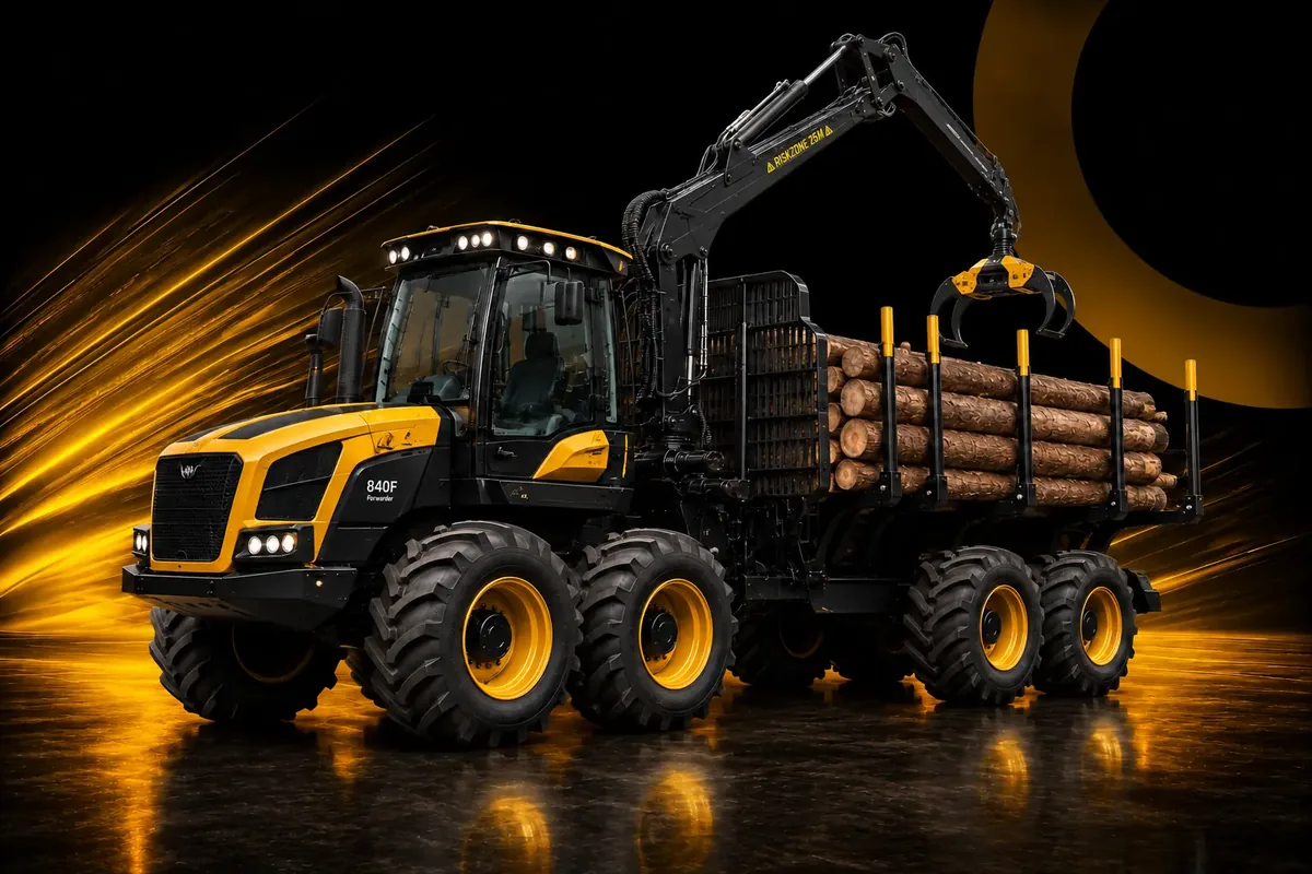 Forwarder florestal vermelho carregando toras com garra hidráulica