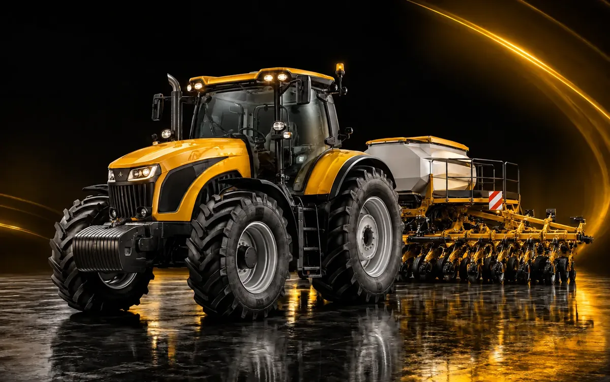 Trator agrícola acoplado a implemento para execução de atividade rural