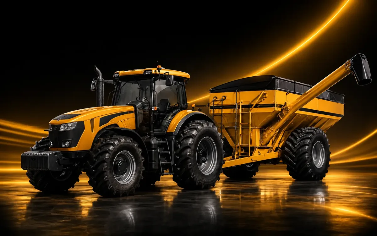 Trator agrícola acoplado a equipamento de transbordo para transporte da produção